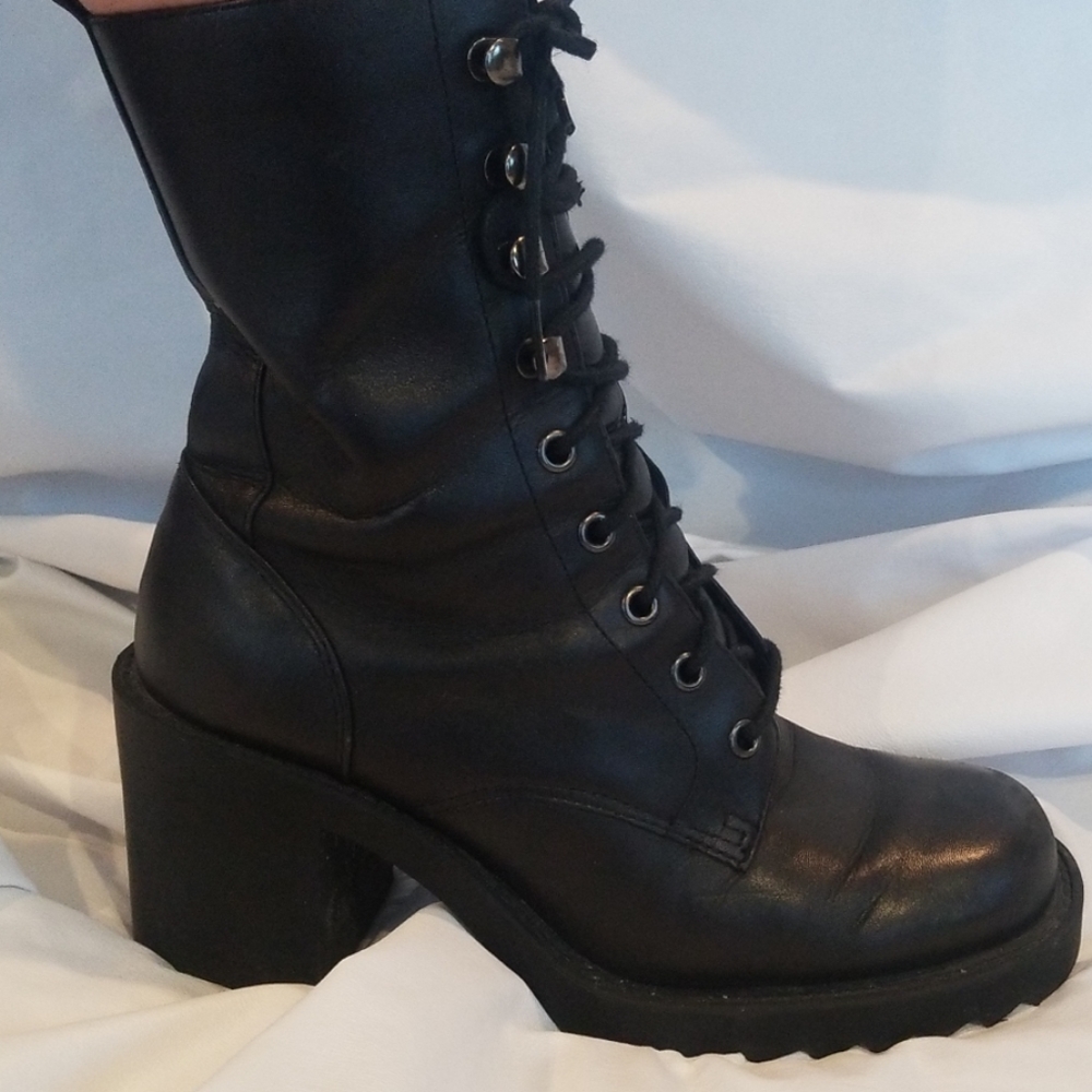 Black leather combat style boot